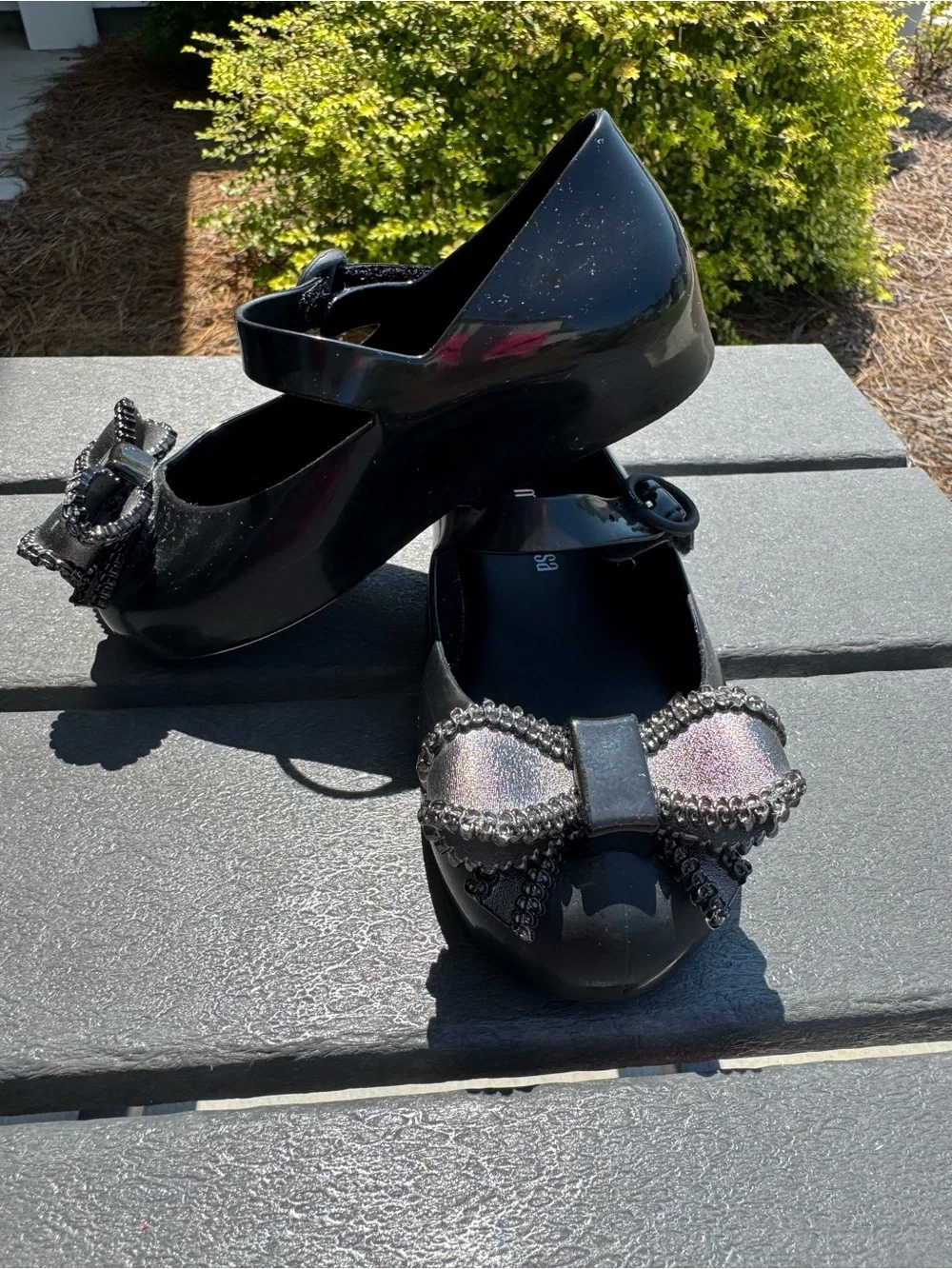 Mini Melissa Black Flats with gray Iridescent Bow